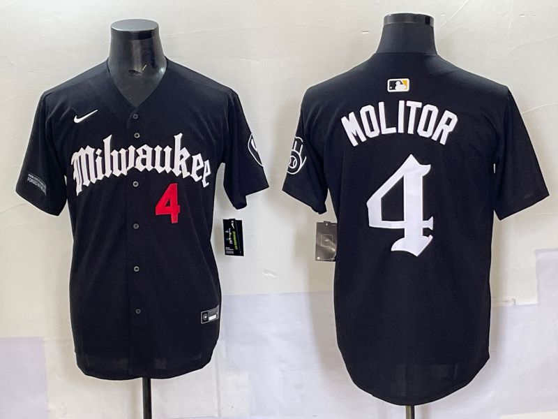 Men 2025 Milwaukee Brewers #4 Molitor Black Five generations Joint Name Nike MLB Jersey style 8